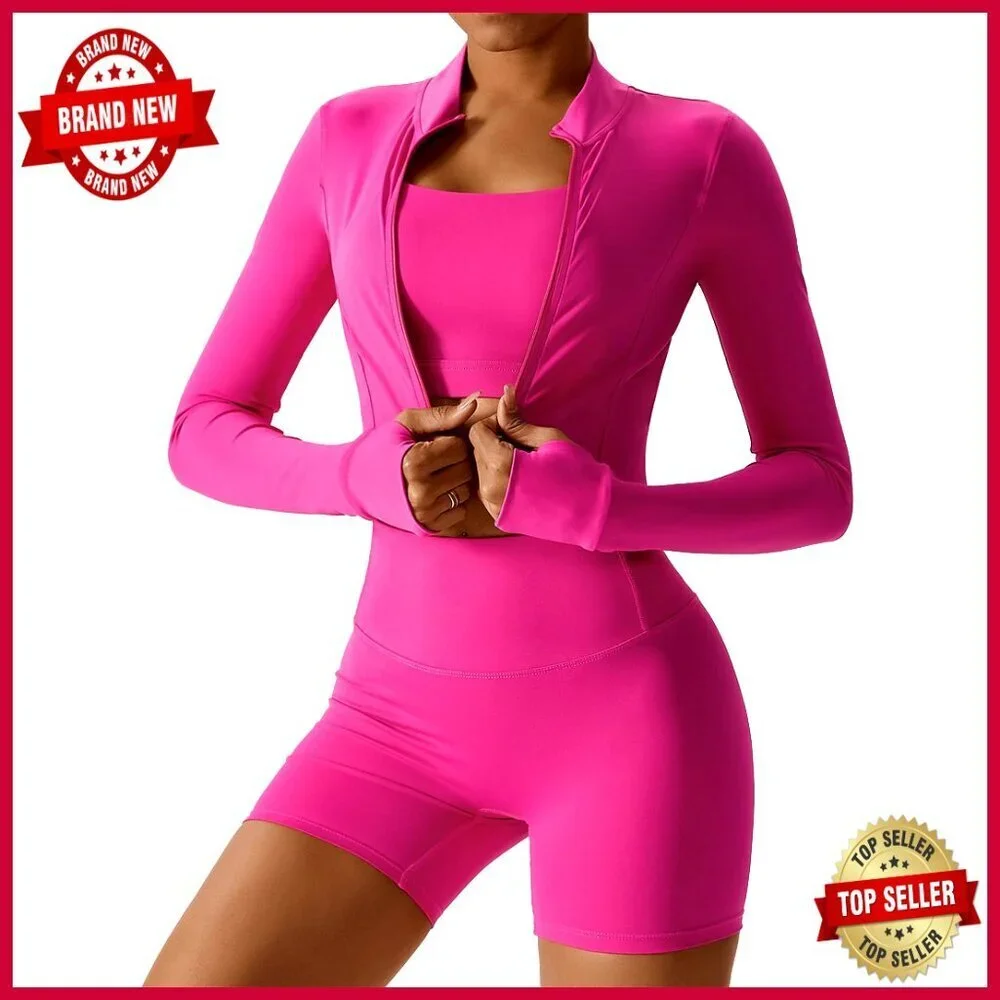 3-Piece Seamless Workout Set High Waisted Shorts Crop Top Jacket
